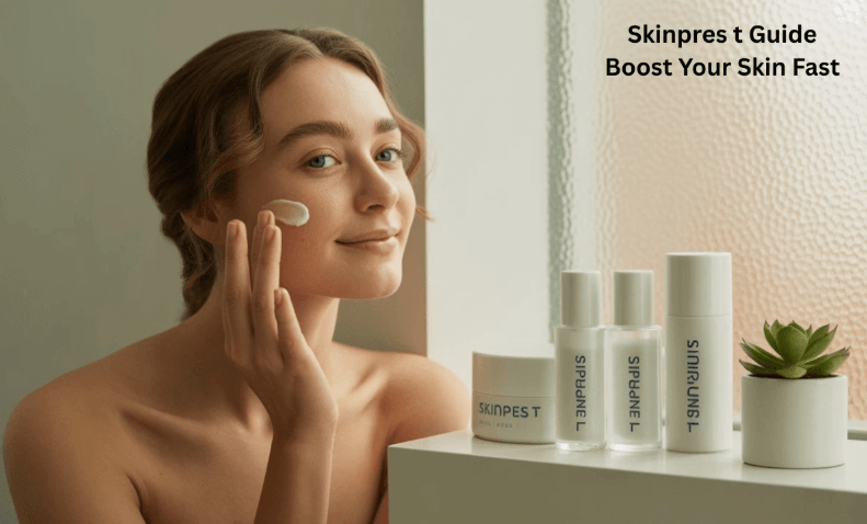 Woman using SkinPres T device on her face at home