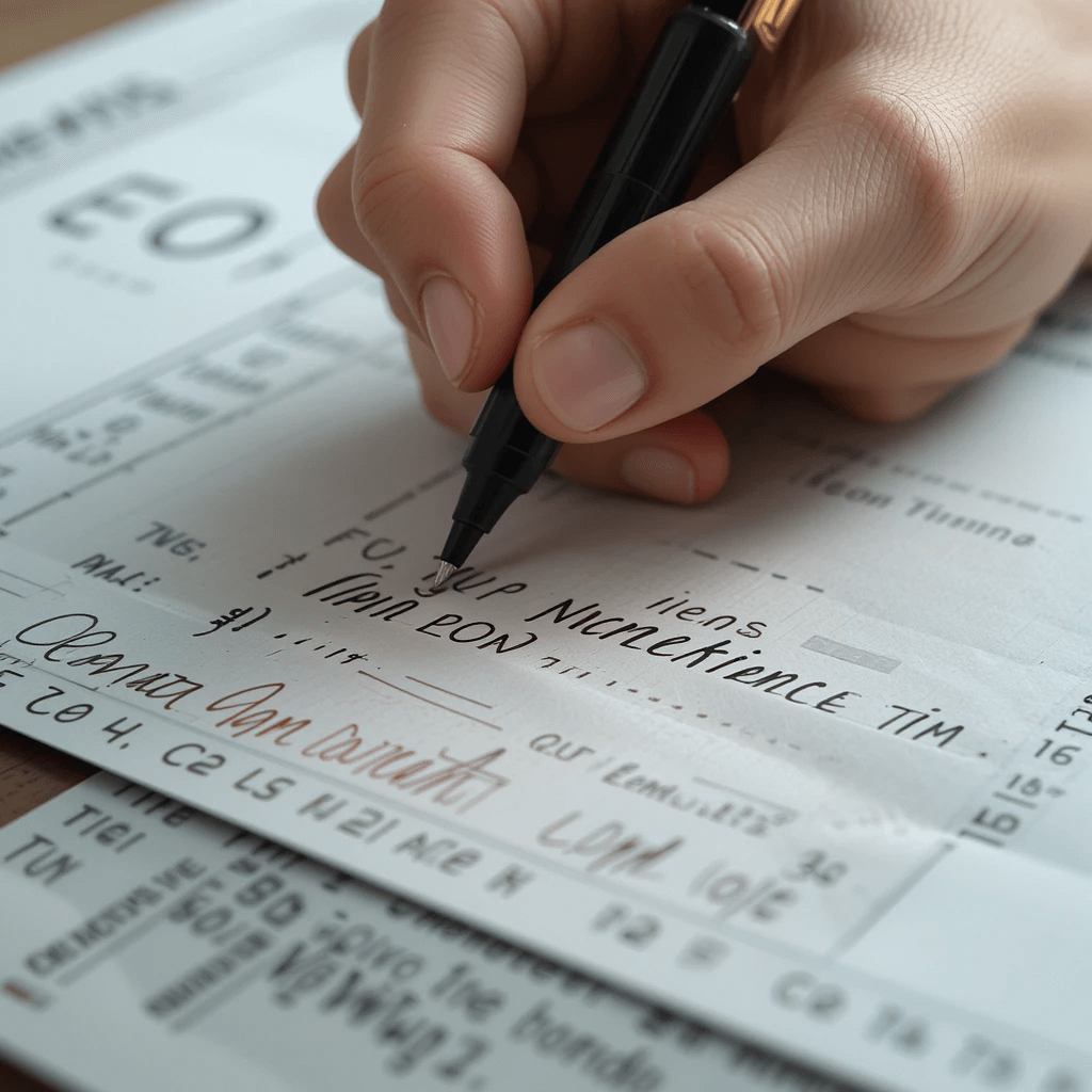 Close-up of a single check placed on a wooden desk with a pen beside it.