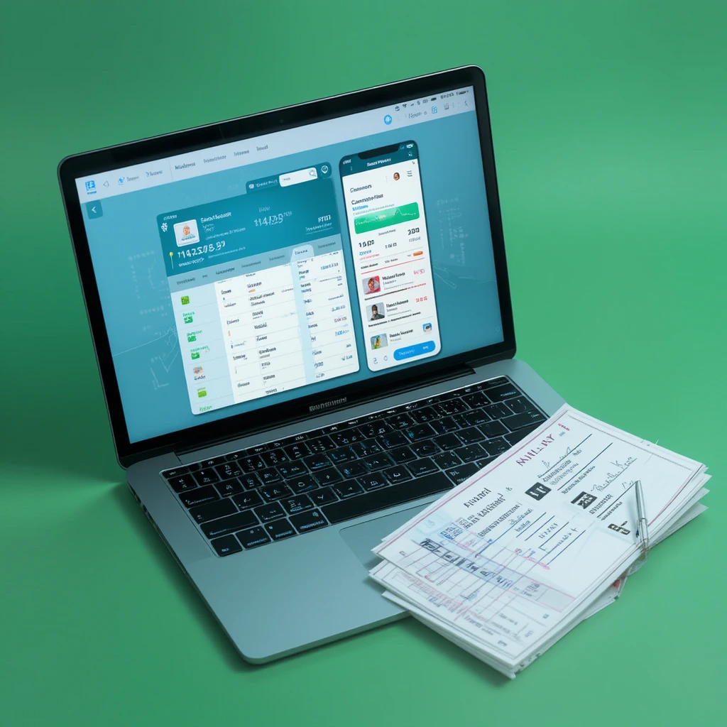 Online banking app on a phone placed next to a paper checkbook.