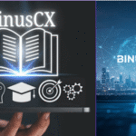 A graphic showing a bridge connecting a modern university building on one side to a sleek corporate skyscraper on the other. Data streams and connection points travel between them, symbolizing the BinusCX platform