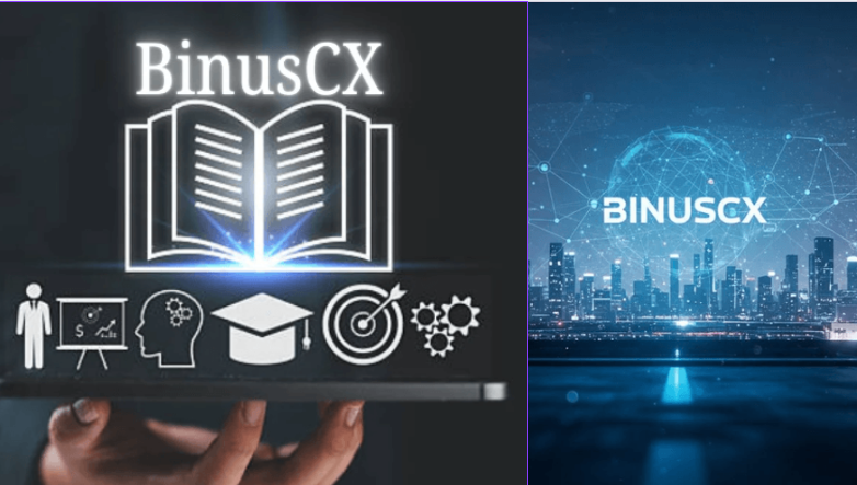A graphic showing a bridge connecting a modern university building on one side to a sleek corporate skyscraper on the other. Data streams and connection points travel between them, symbolizing the BinusCX platform